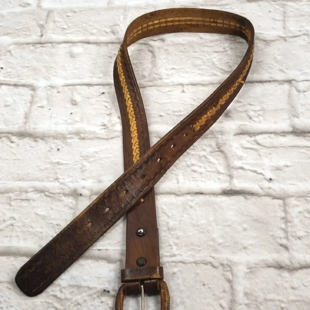 Recho Mexico Men’s Brown Tooled Braided Leather Belt Size 34